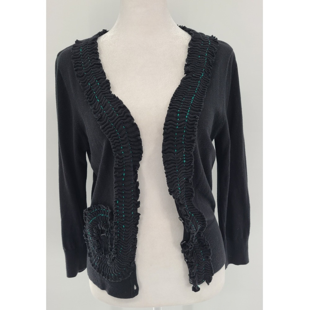 Y2K Retro Sparrow Women Cardigan Sweater Size M Black Green Stitch Detail Ruffle